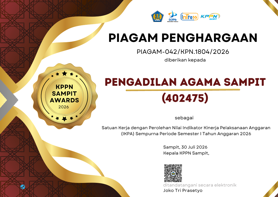 1564. Pengadilan Agama Sampit Raih Nilai IKPA Sempurna DIPA 01 Semester I Tahun 2026
