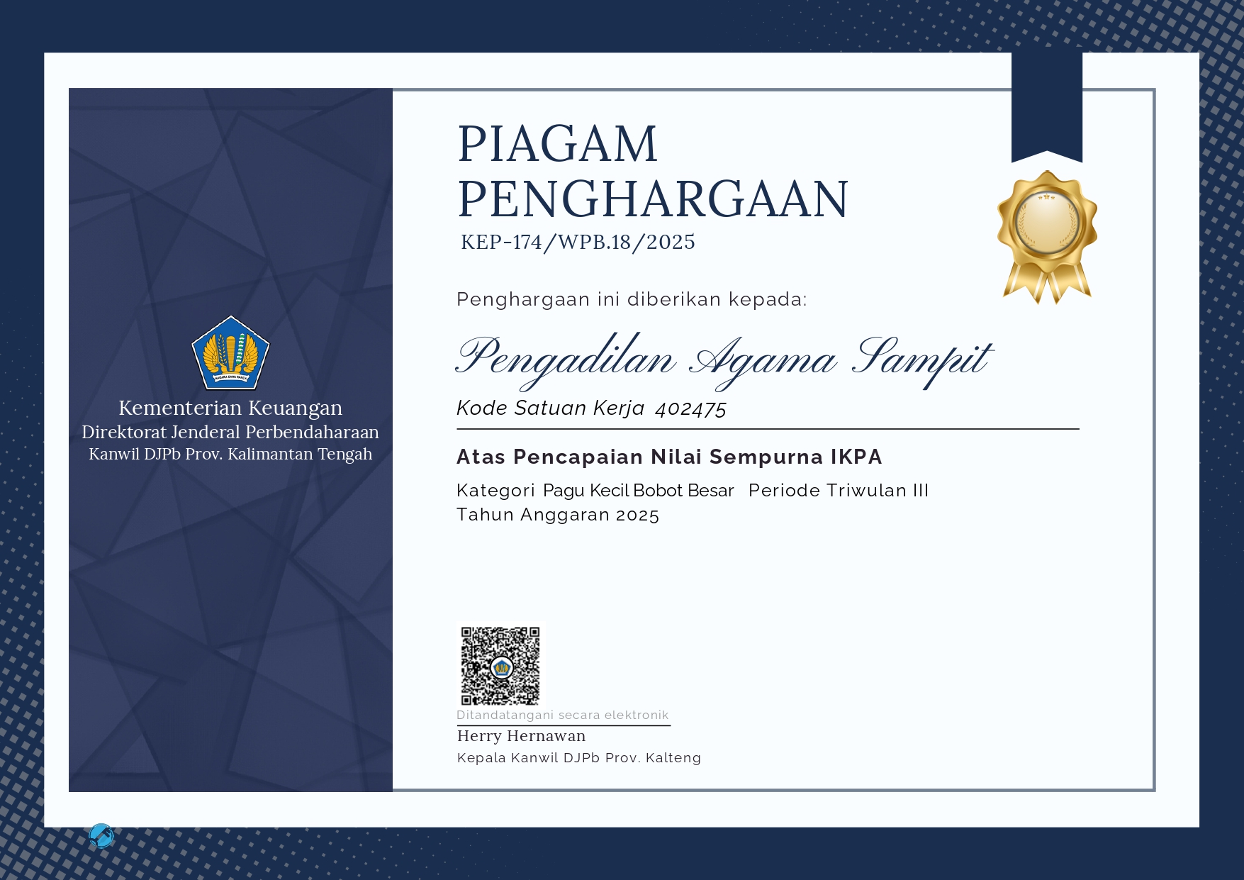 637. PA Sampit Kelas IB Kembali Raih Penghargaan Atas Capaian Nilai IKPA Sempurna